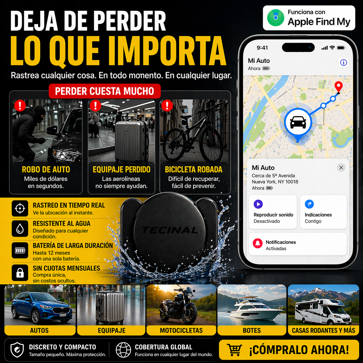 Tecinal™ Localizador GPS Antirrobo para Coche, Moto, Bicicleta, Caravana y Maletas