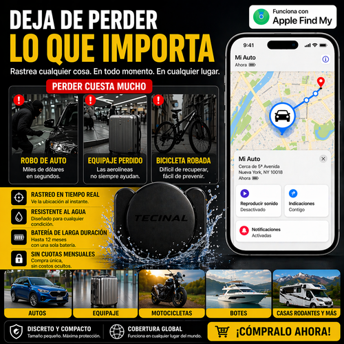 Tecinal™ Localizador GPS Antirrobo para Coche, Moto, Bicicleta, Caravana y Maletas